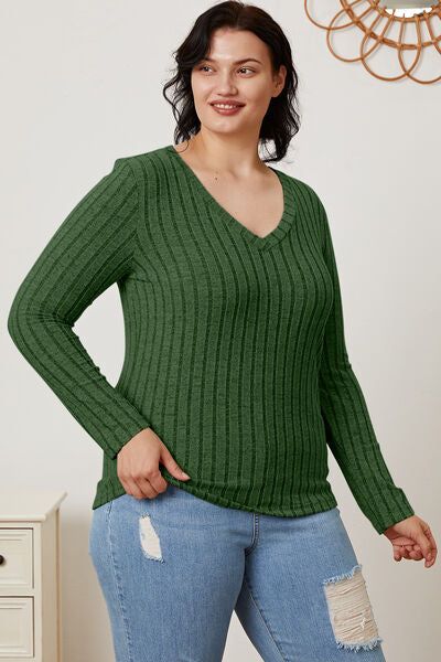 Basic Bae Ribbed V-Neck Long Sleeve T-Shirt us.meeeshop - 