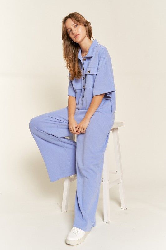 Basic Collar Shirt Wide leg Jumpsuit us.meeeshop - 