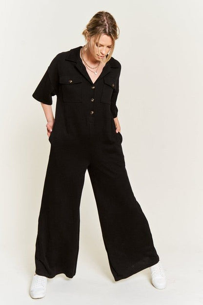 Basic Collar Shirt Wide leg Jumpsuit us.meeeshop - 