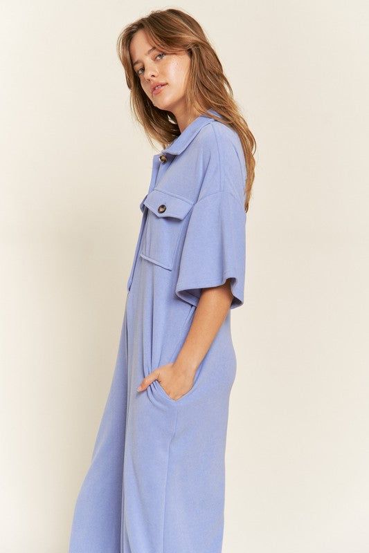 Basic Collar Shirt Wide leg Jumpsuit us.meeeshop - 