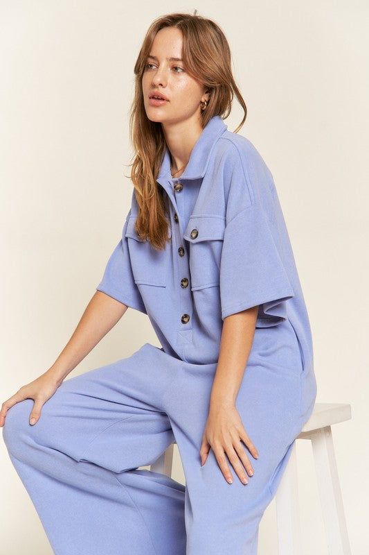 Basic Collar Shirt Wide leg Jumpsuit us.meeeshop - 