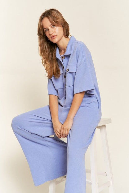 Basic Collar Shirt Wide leg Jumpsuit us.meeeshop - 