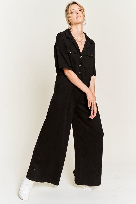 Basic Collar Shirt Wide leg Jumpsuit us.meeeshop - 