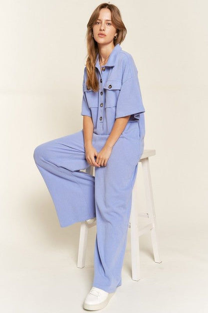 Basic Collar Shirt Wide leg Jumpsuit us.meeeshop - Jumpsuits & Rompers