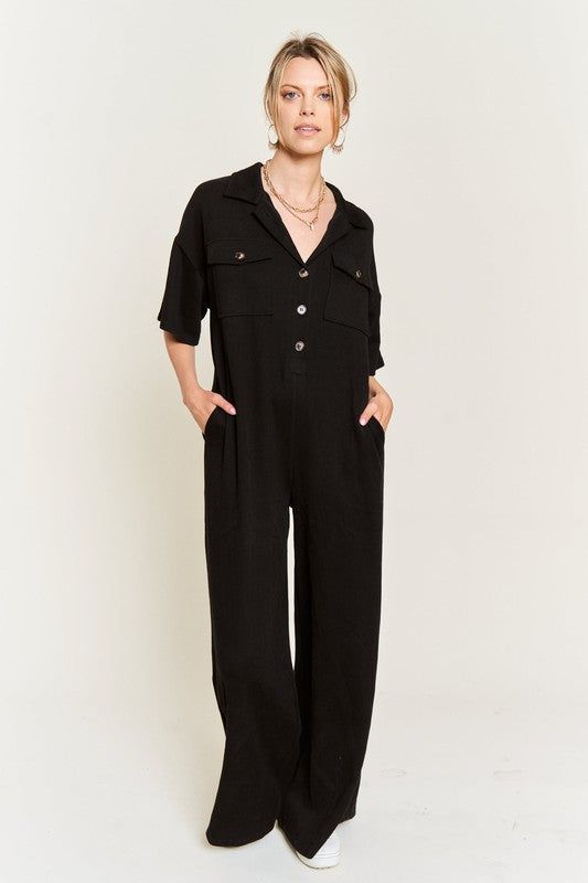 Basic Collar Shirt Wide leg Jumpsuit us.meeeshop - 