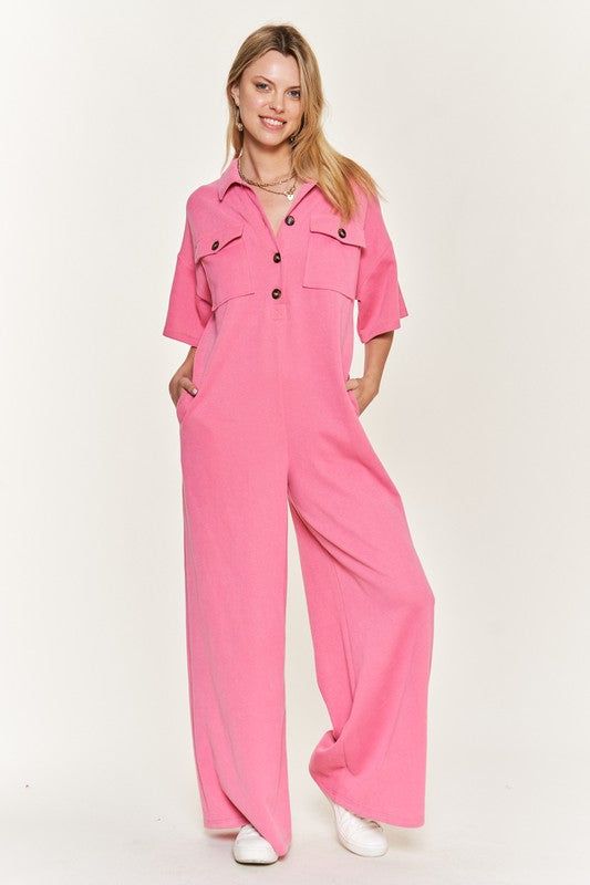 Basic Collar Shirt Wide leg Jumpsuit us.meeeshop - 