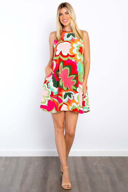 Be Stage Full Size Floral Sleeveless Mini Dress with Pockets - us.meeeshop