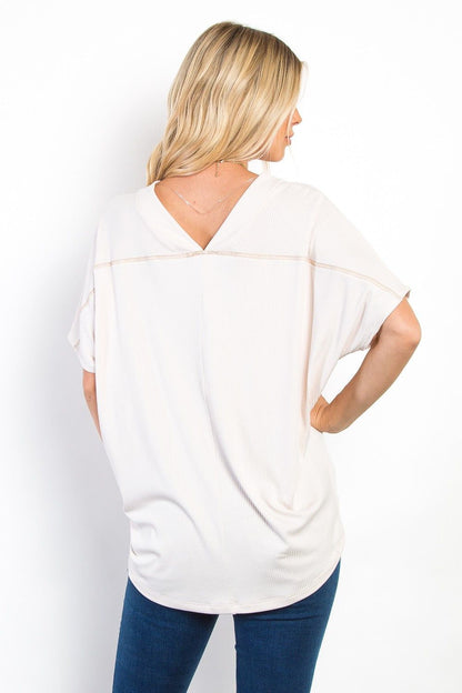 Be Stage Full Size V-Neck Short Sleeve Ribbed Top - us.meeeshop