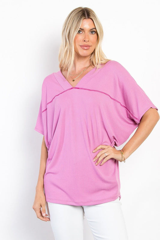 Be Stage Full Size V-Neck Short Sleeve Ribbed Top - us.meeeshop