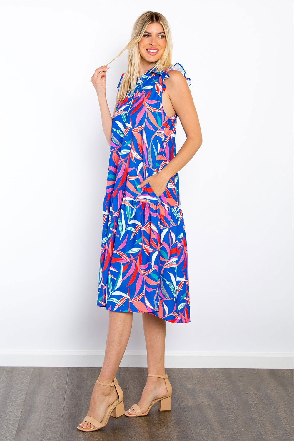 Be Stage Print Ruffled Midi Dress with Pockets - us.meeeshop