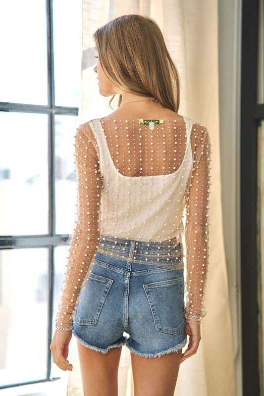 Bead and Pearl Embellished Long Sleeves Mesh Top us.meeeshop - 