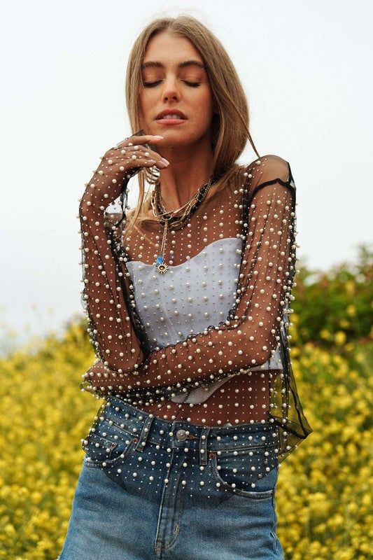 Bead and Pearl Embellished Long Sleeves Mesh Top us.meeeshop - 