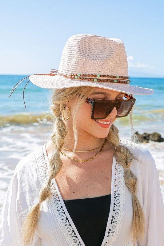 Beaded Belt Straw Panama Fedora Hat us.meeeshop - 