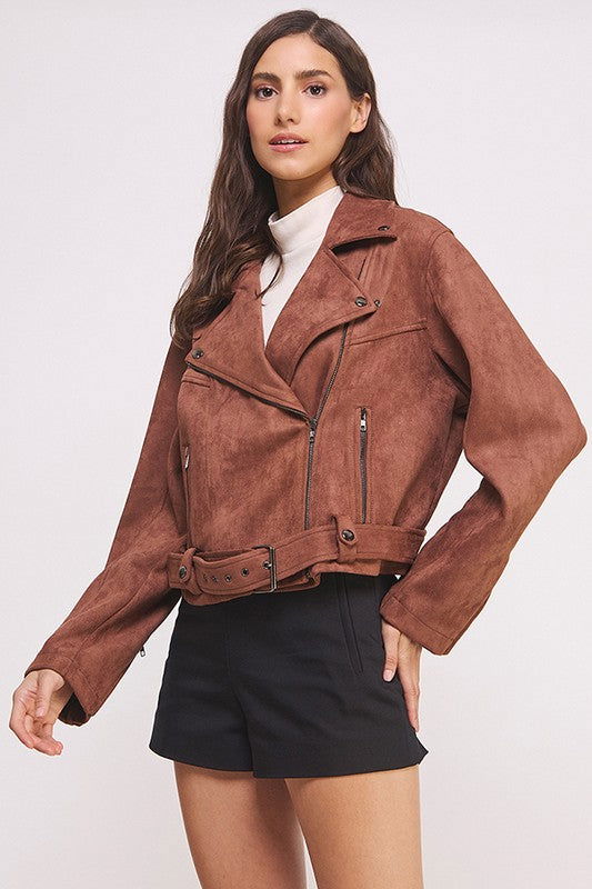 Belted Long Sleeve Zippered Suede Moto Jacket us.meeeshop - 