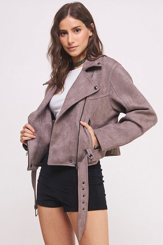 Belted Long Sleeve Zippered Suede Moto Jacket us.meeeshop - 