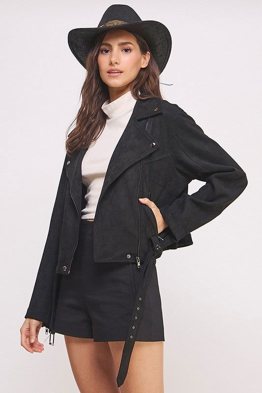 Belted Long Sleeve Zippered Suede Moto Jacket us.meeeshop - 