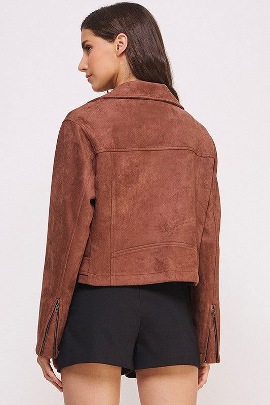 Belted Long Sleeve Zippered Suede Moto Jacket us.meeeshop - 