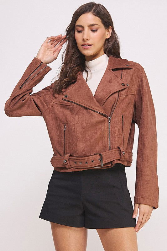 Belted Long Sleeve Zippered Suede Moto Jacket us.meeeshop - Coats & Jackets