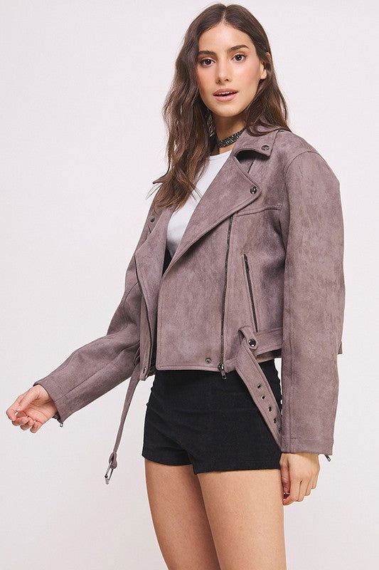 Belted Long Sleeve Zippered Suede Moto Jacket us.meeeshop - 