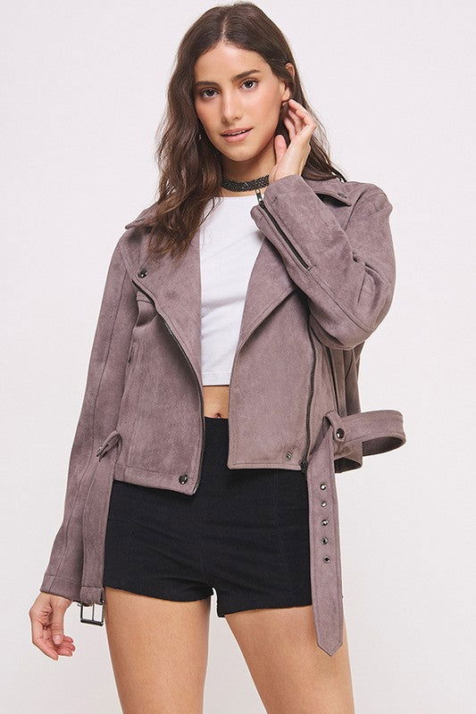 Belted Long Sleeve Zippered Suede Moto Jacket us.meeeshop - 