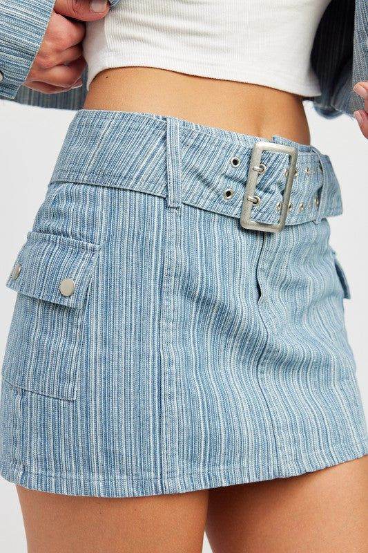 Belted Mini Denim Skirt - us.meeeshop