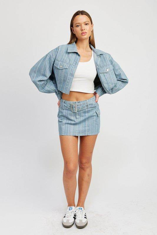 Belted Mini Denim Skirt - us.meeeshop