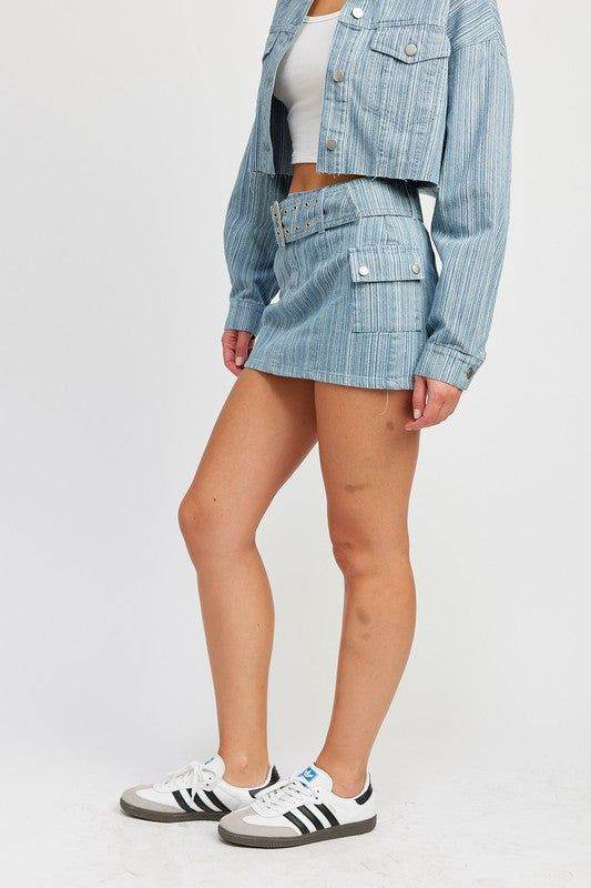 Belted Mini Denim Skirt - us.meeeshop