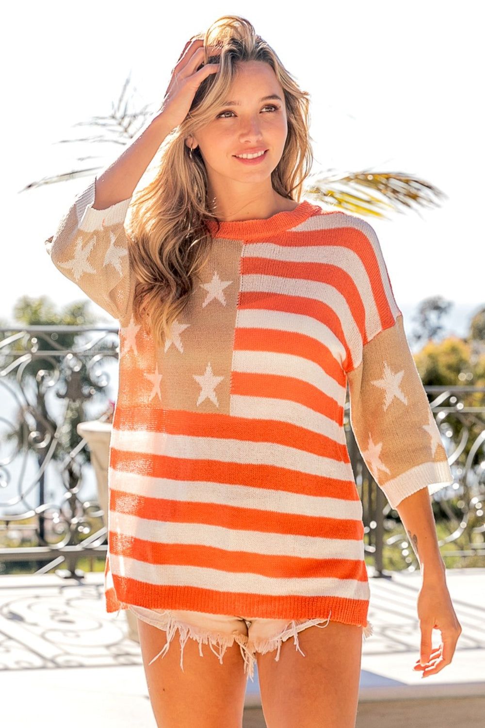 BiBi American Flag Round Neck Knit Top us.meeeshop - 