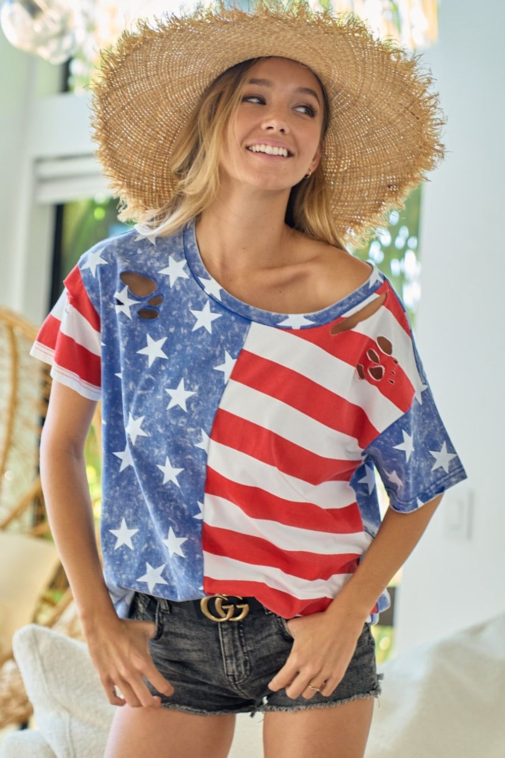 BiBi American Flag Theme Short Sleeve T-Shirt us.meeeshop - Shirts & Tops