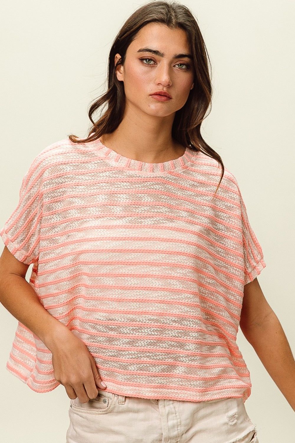 BiBi Braid Striped Short Sleeve Round Neck T-Shirt us.meeeshop - Shirts & Tops