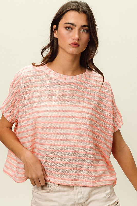 BiBi Braid Striped Short Sleeve Round Neck T-Shirt us.meeeshop - Shirts & Tops