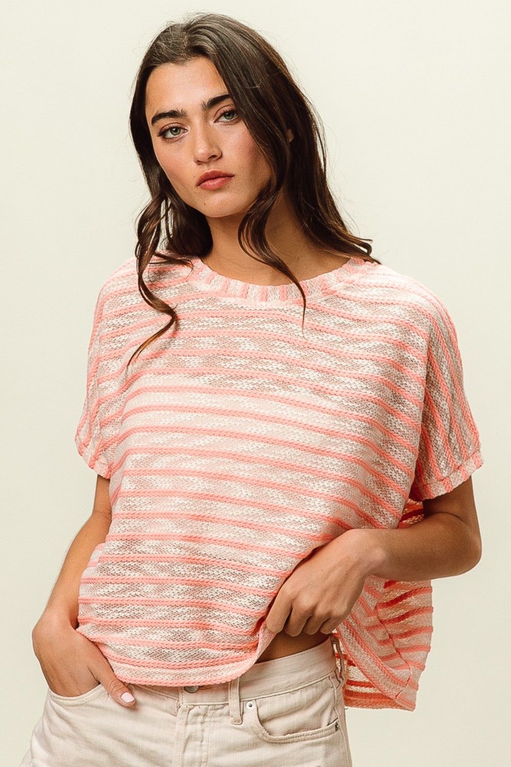 BiBi Braid Striped Short Sleeve Round Neck T-Shirt us.meeeshop - 