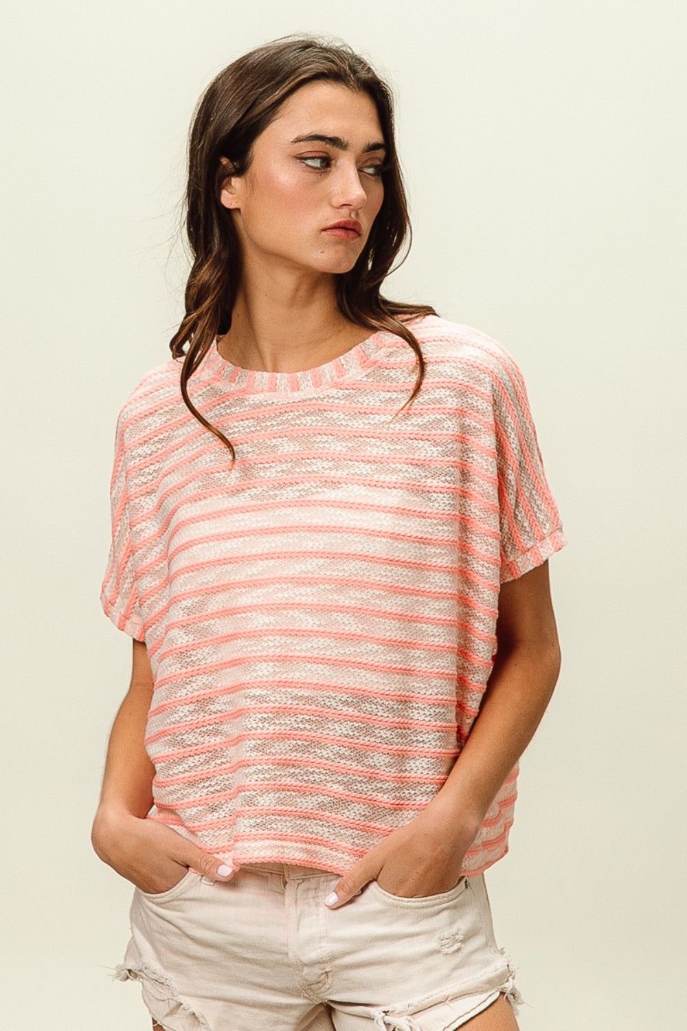 BiBi Braid Striped Short Sleeve Round Neck T-Shirt us.meeeshop - 