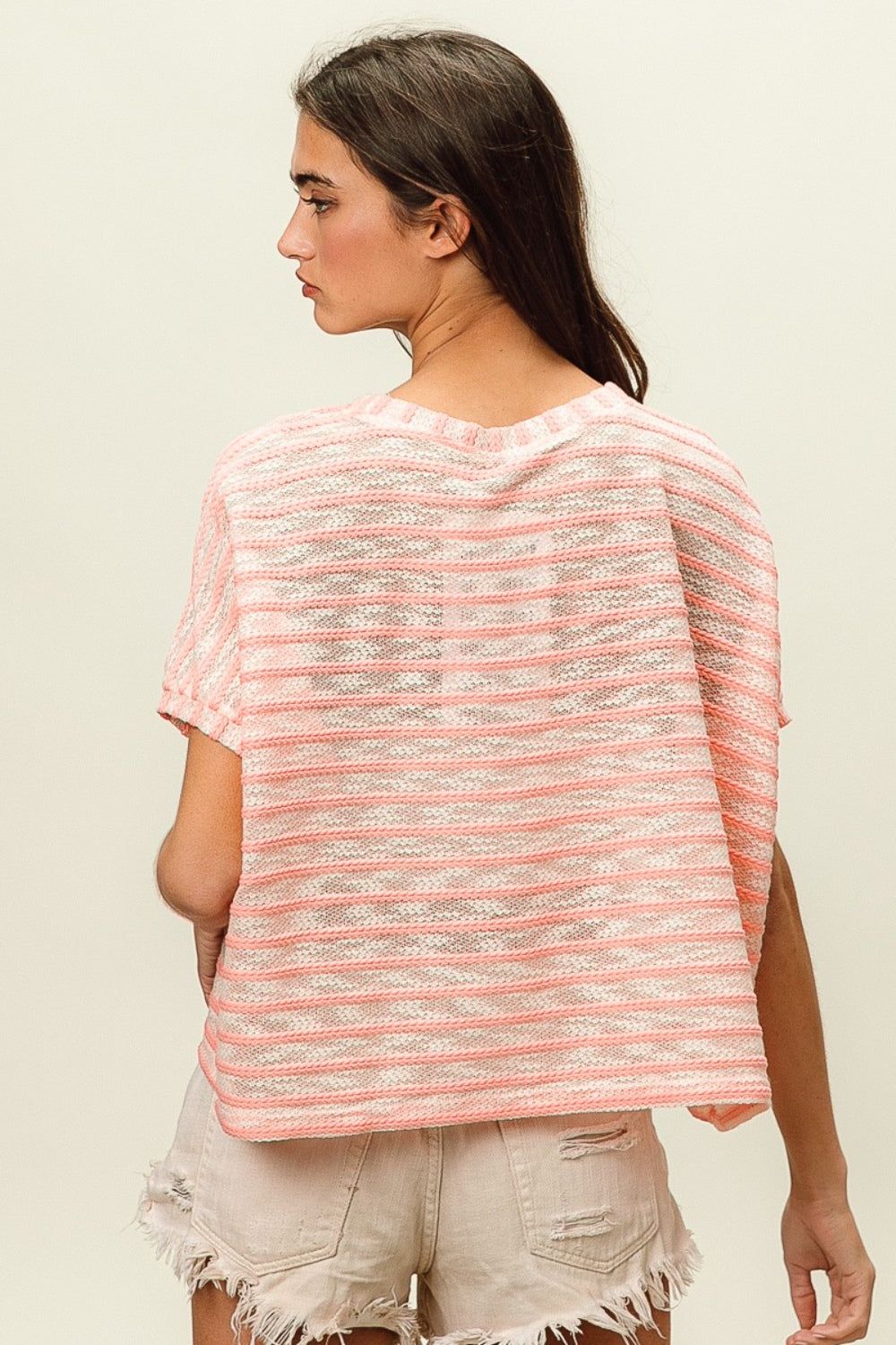 BiBi Braid Striped Short Sleeve Round Neck T-Shirt us.meeeshop - 