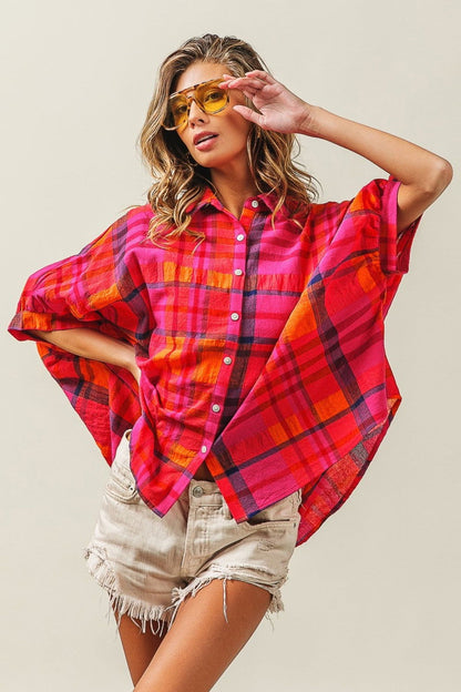 BiBi Button Up Dolman Sleeve Plaid Shirt us.meeeshop - 