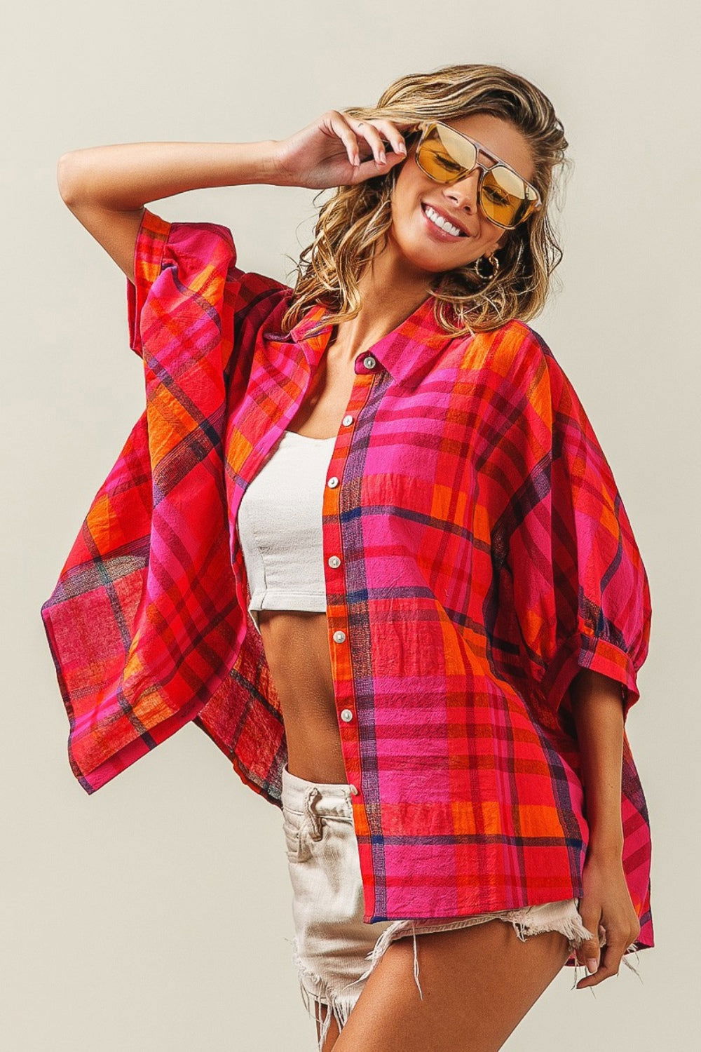 BiBi Button Up Dolman Sleeve Plaid Shirt us.meeeshop - 