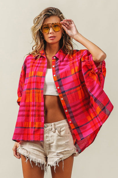 BiBi Button Up Dolman Sleeve Plaid Shirt us.meeeshop - Shirts & Tops