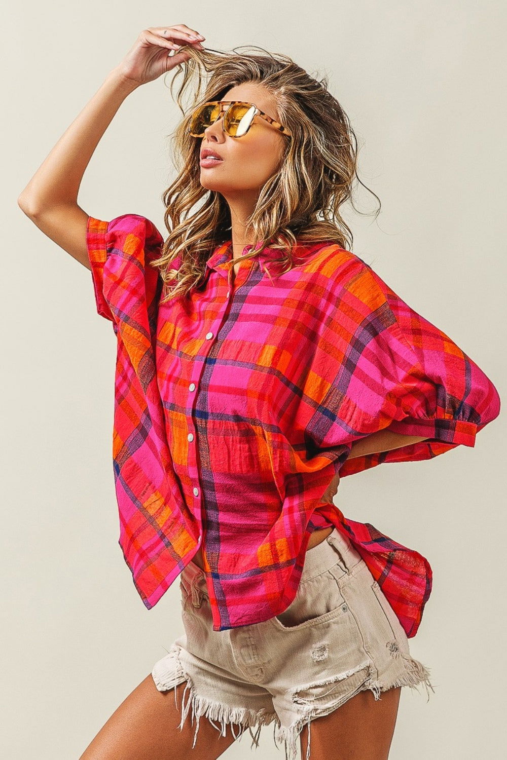 BiBi Button Up Dolman Sleeve Plaid Shirt us.meeeshop - 