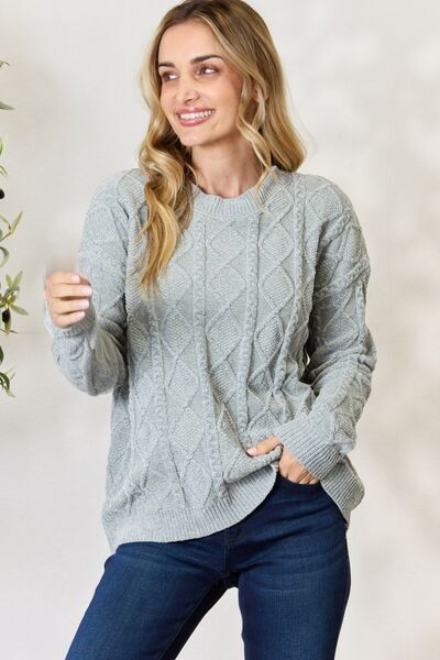 BiBi Cable Knit Round Neck Sweater us.meeeshop - Shirts & Tops