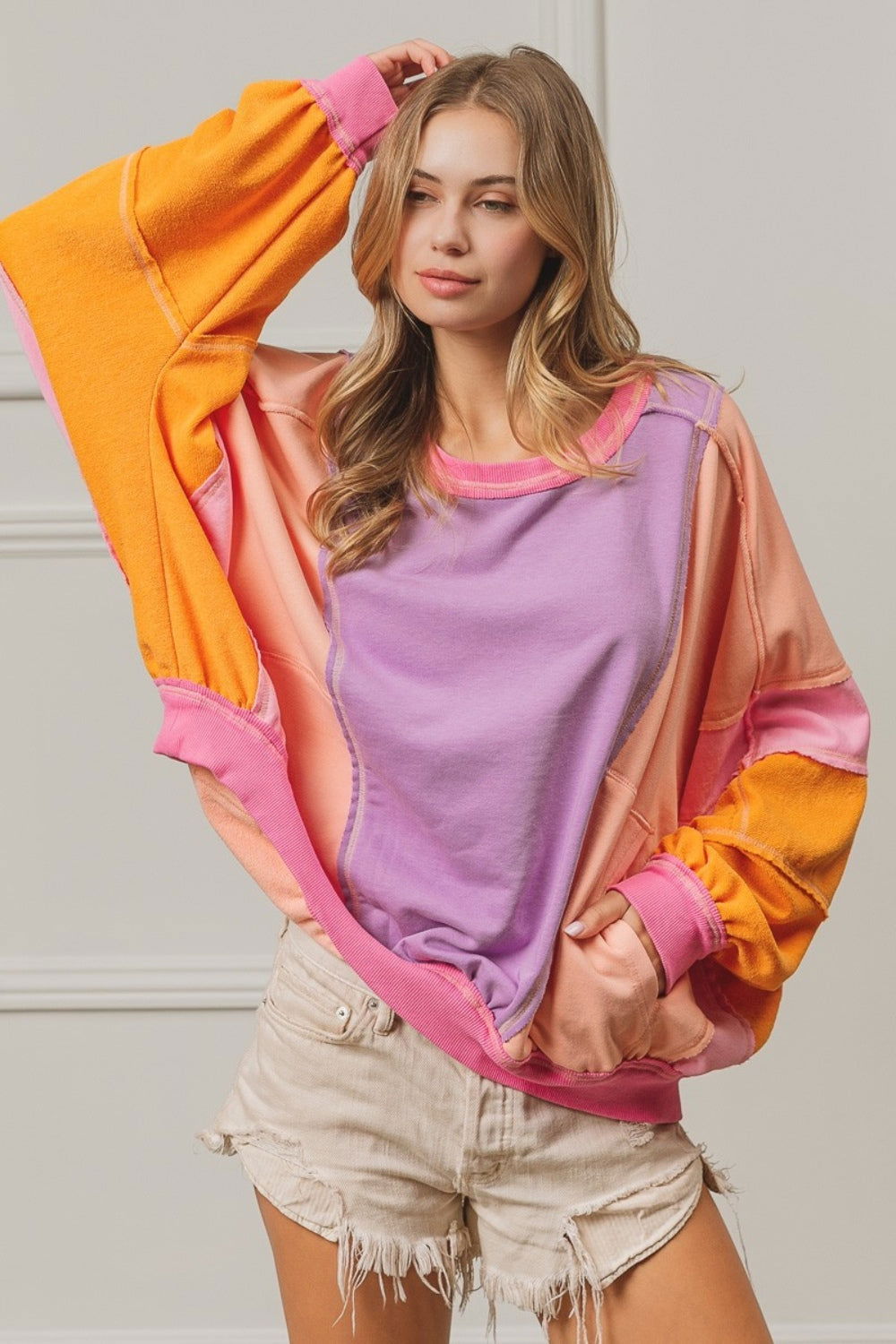 BiBi Color Block Exposed Seam Sweatshirt with Pockets us.meeeshop - 