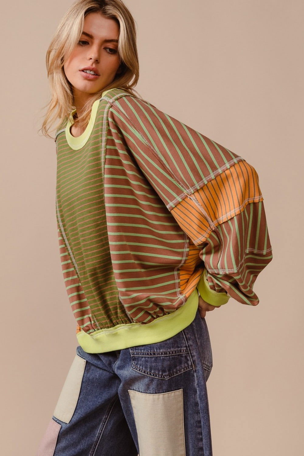 BiBi Color Block Striped Round Neck Sweatshirt us.meeeshop - 