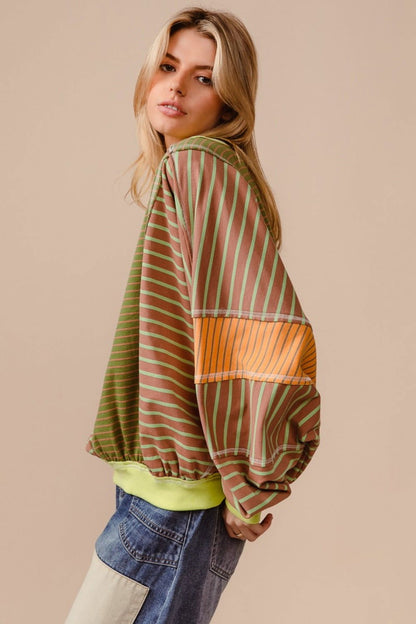 BiBi Color Block Striped Round Neck Sweatshirt us.meeeshop - 