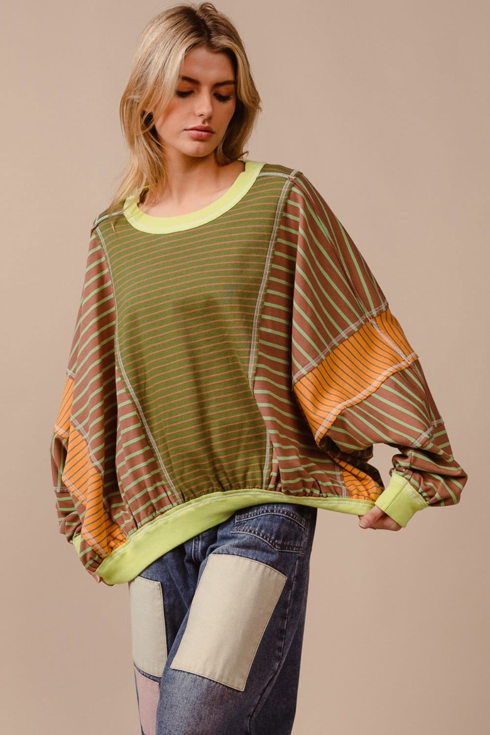 BiBi Color Block Striped Round Neck Sweatshirt us.meeeshop - 