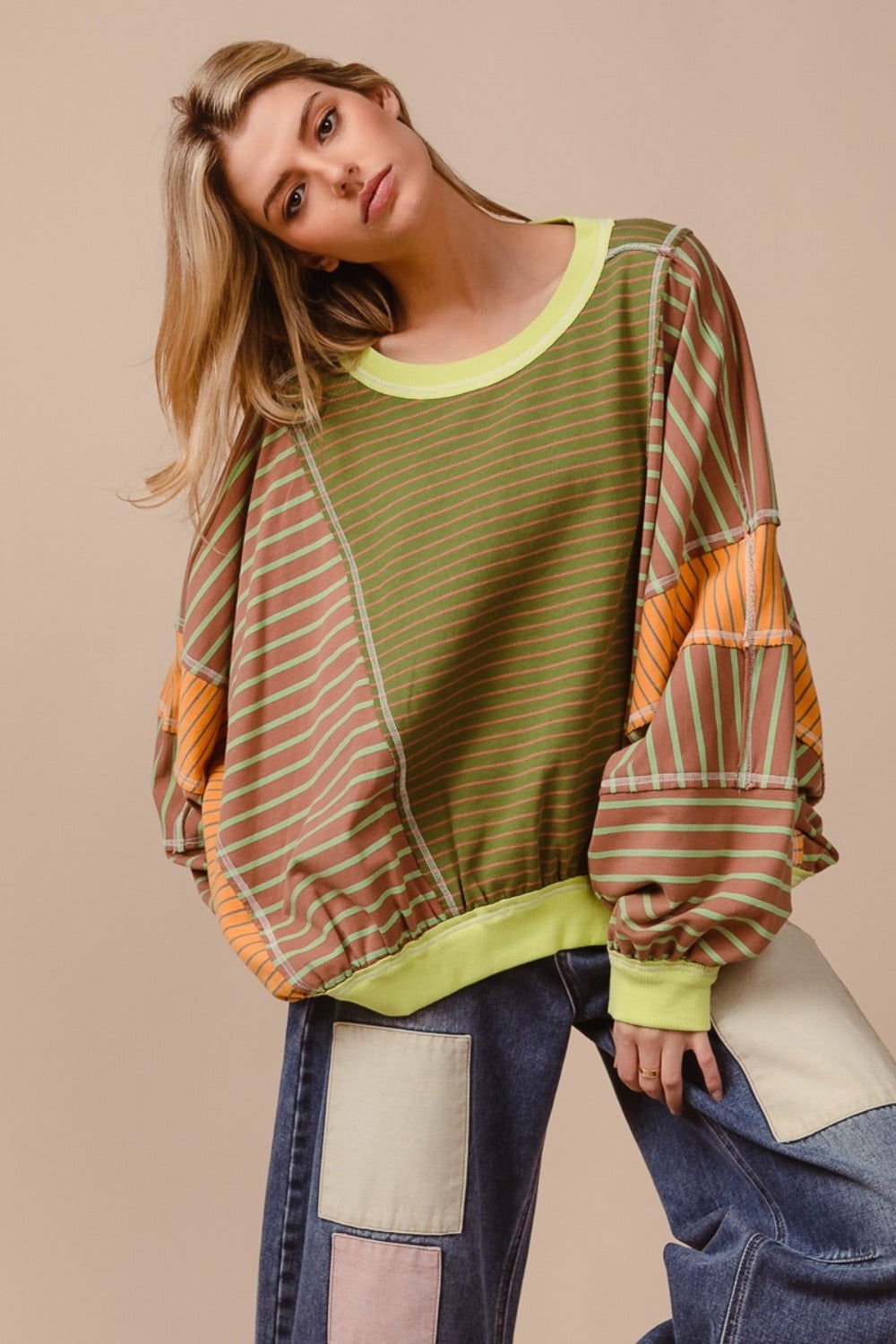 BiBi Color Block Striped Round Neck Sweatshirt us.meeeshop - 