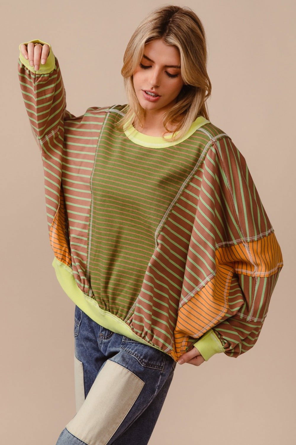 BiBi Color Block Striped Round Neck Sweatshirt us.meeeshop - Shirts & Tops