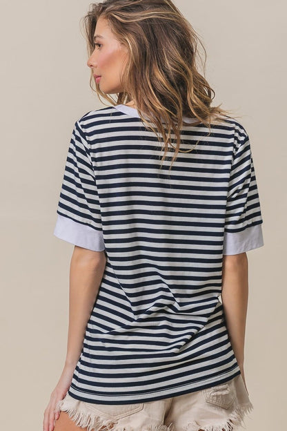 BiBi Contrast Striped Notched Knit Top us.meeeshop - 