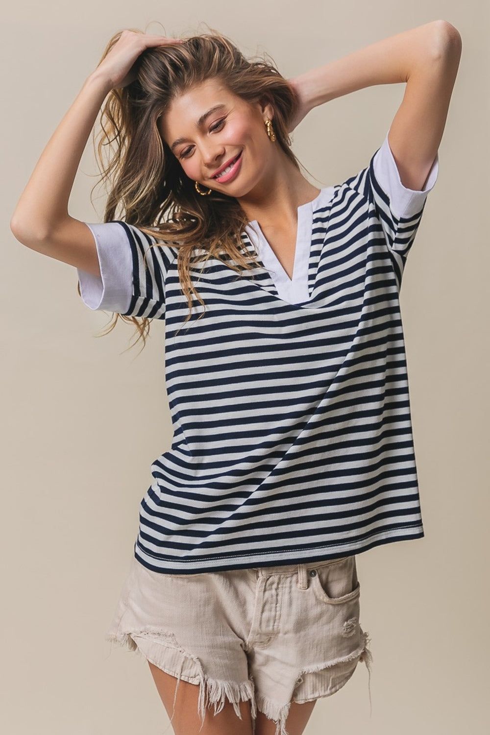 BiBi Contrast Striped Notched Knit Top us.meeeshop - Shirts & Tops