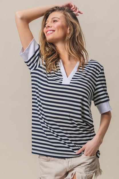 BiBi Contrast Striped Notched Knit Top us.meeeshop - 