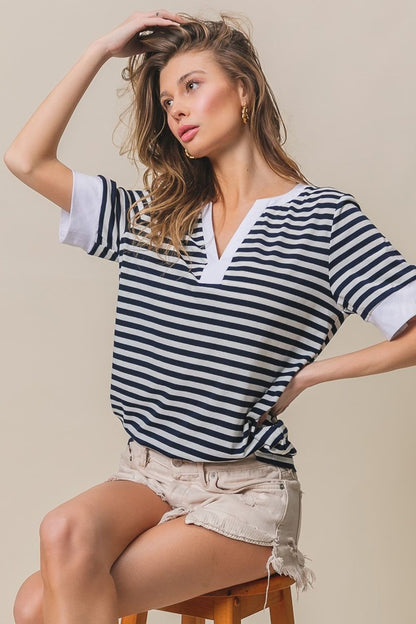 BiBi Contrast Striped Notched Knit Top us.meeeshop - 