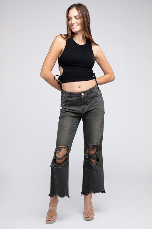 BiBi Distressed Vintage Washed Wide Leg Pants us.meeeshop - 